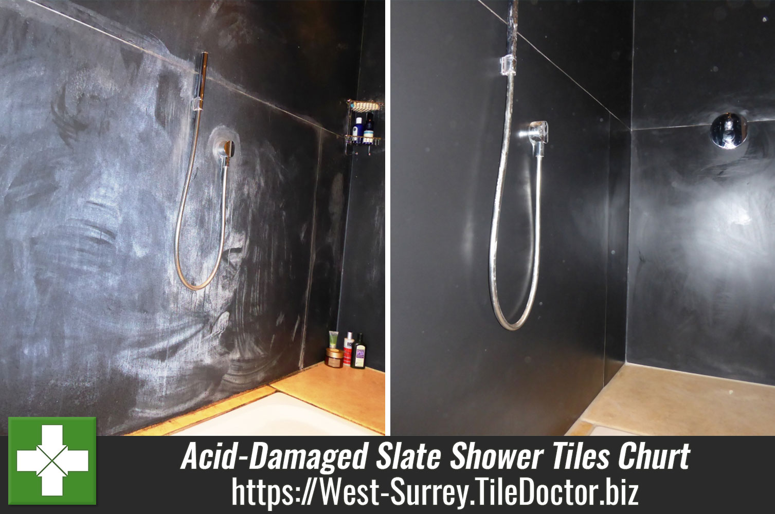 Acid Damaged Slate Shower Tiles Restored with Burnishing in Churt