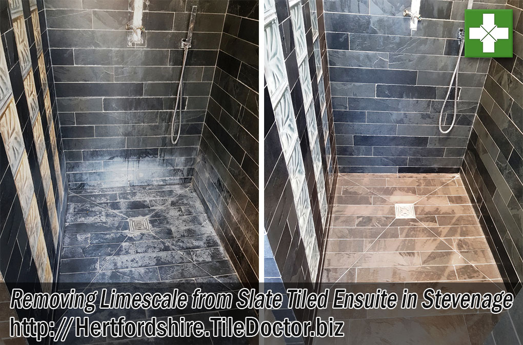 Limescale Stained Slate Tiles Before After Renovation Stevenage Hertfordshire