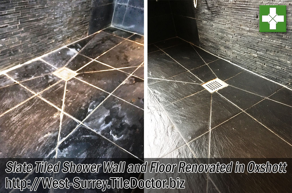 Slate Tiled Shower Before and After Renovation Oxshott