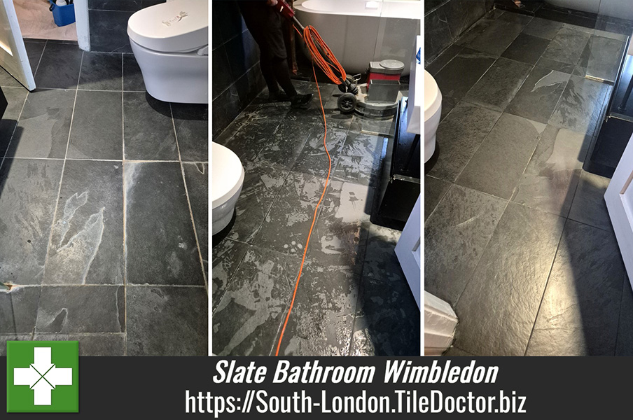 Limescale Stained Slate Tiled Bathroom Floor Renovation Wimbledon