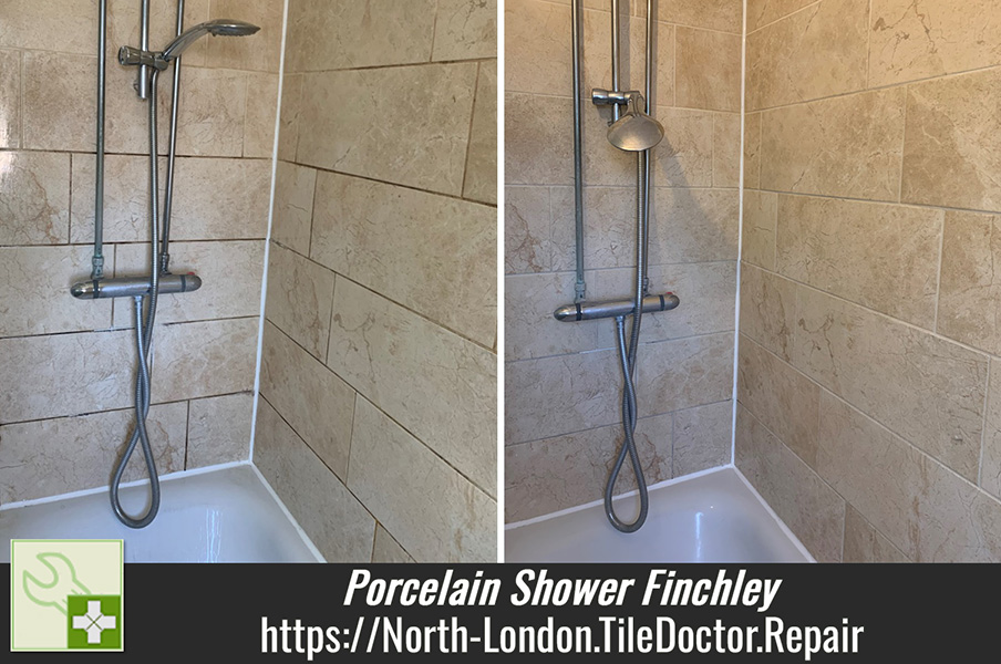 Travertine Effect Porcelain Shower Tiles and Grout Renovation Finchley